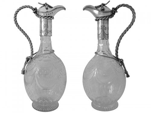 Pair Victorian Silver Glass Claret Jugs Birmingham  1871
